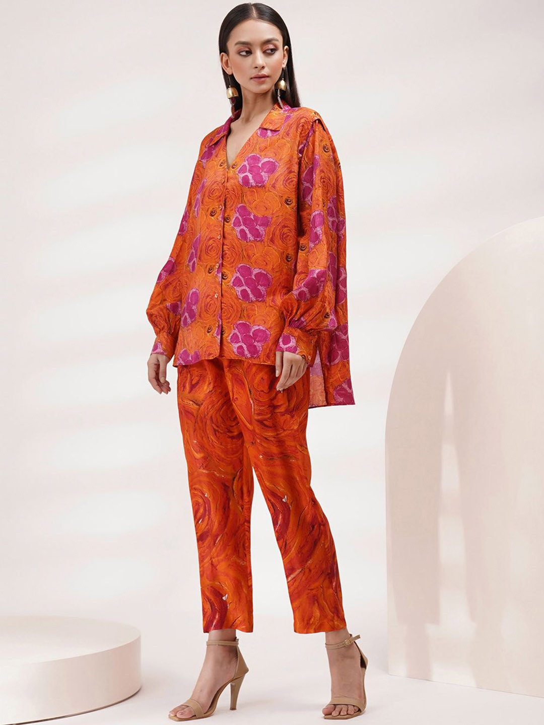 

Breathe by Aakanksha Singh Printed Shirt With Trousers Co-Ords, Orange