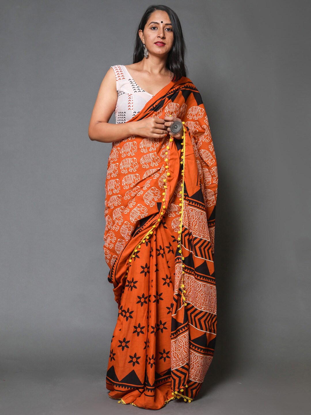 

BUTA BUTI Ethnic Motis Pure Cotton Saree, Orange