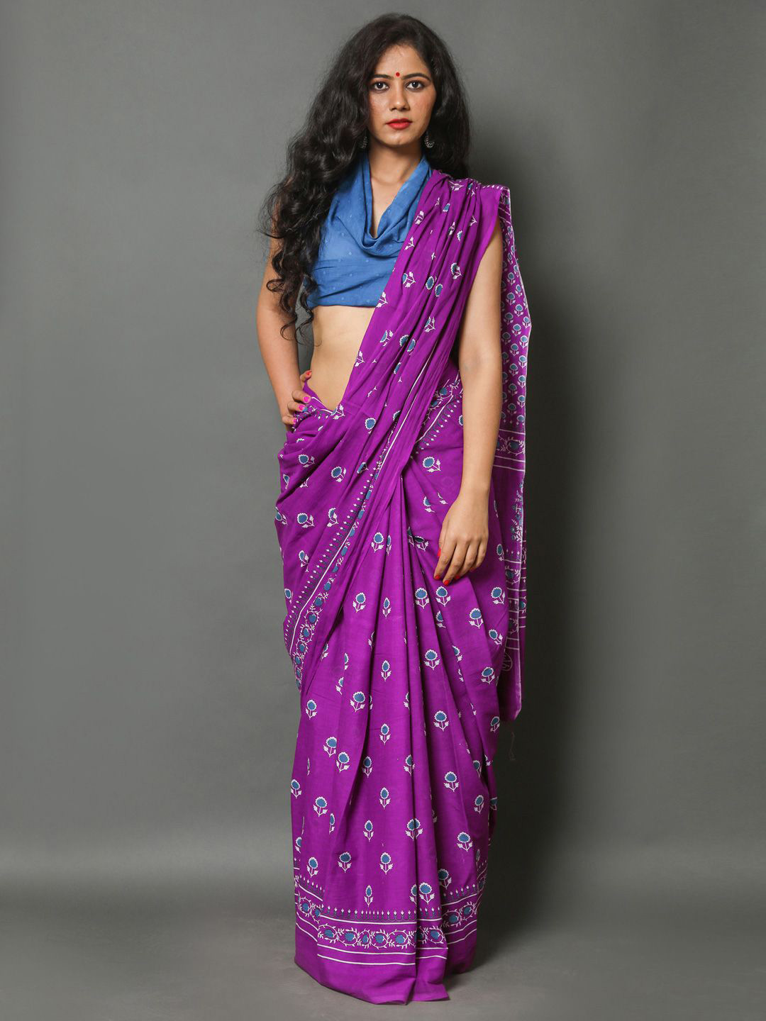 

BUTA BUTI Floral Pure Cotton Saree, Purple