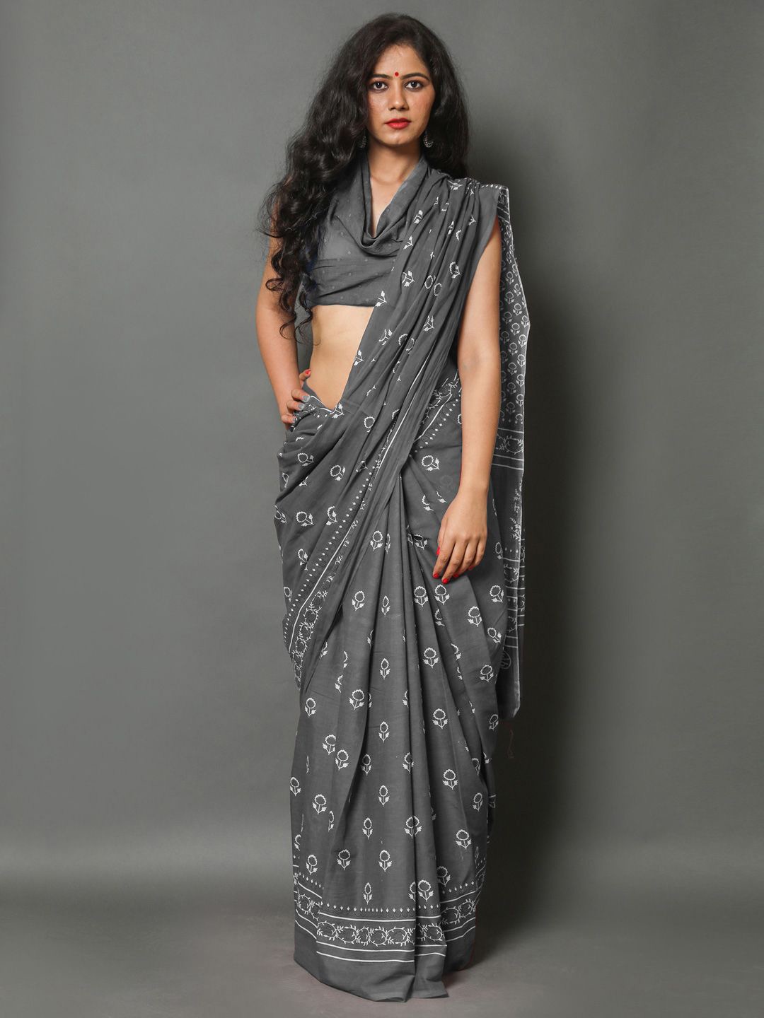 

BUTA BUTI Ethnic Motifs Printed Pure Cotton Saree, Grey