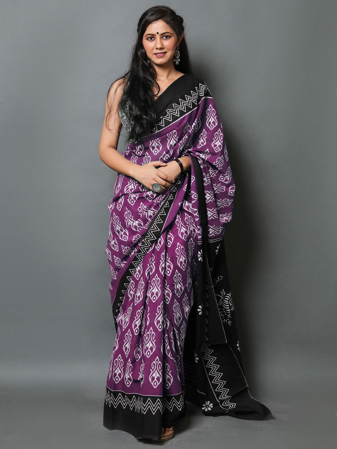

BUTA BUTI Ethnic Motifs Printed Pure Cotton Saree, Purple