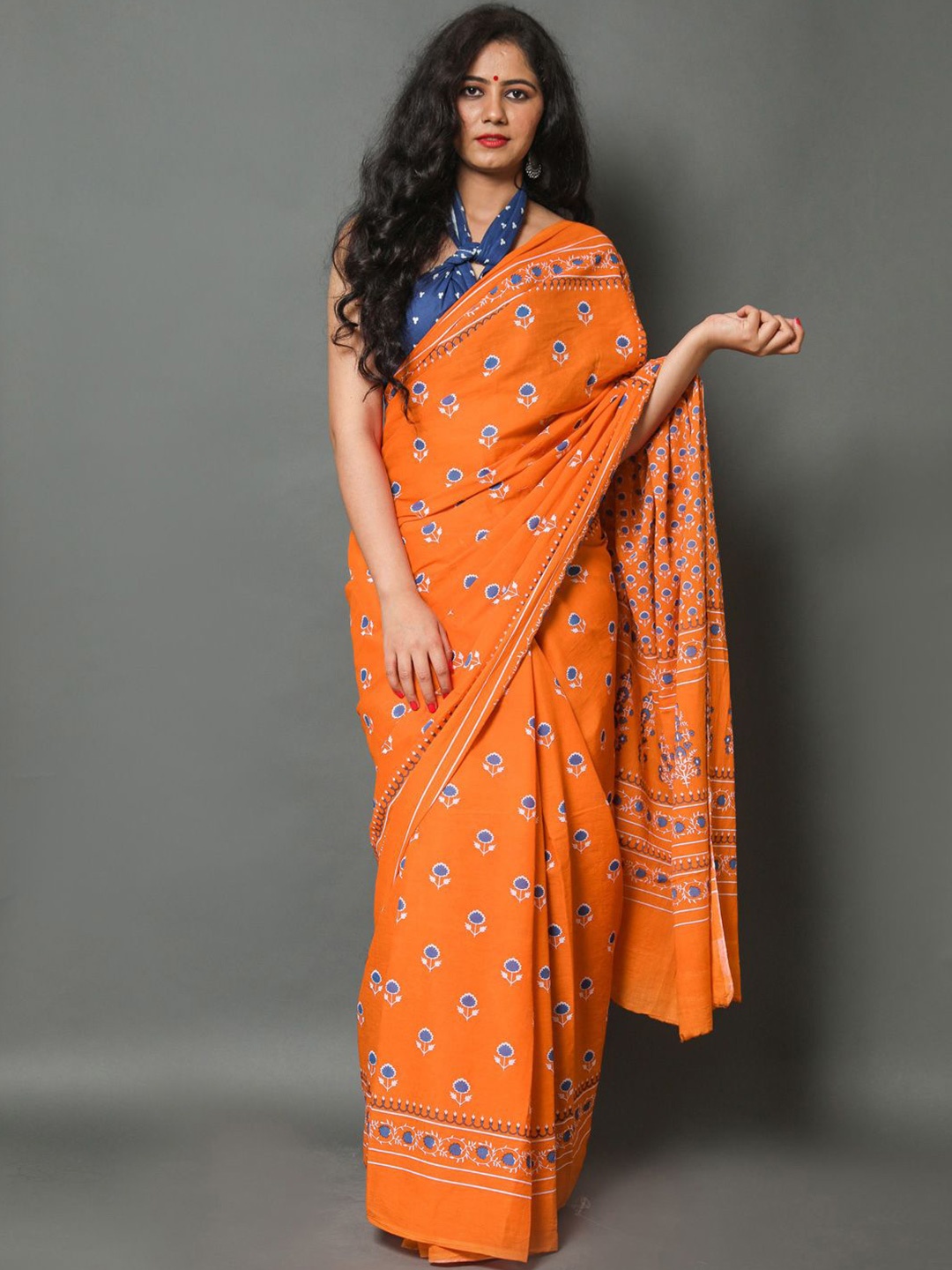 

BUTA BUTI Floral Pure Cotton Saree, Orange