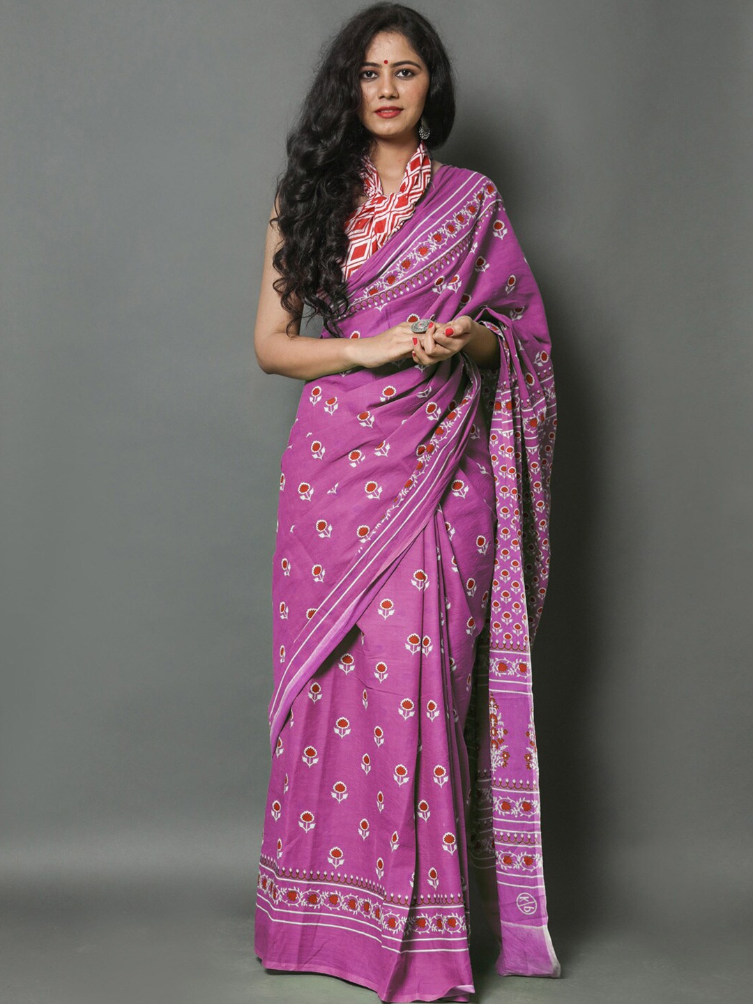 

BUTA BUTI Ethnic Motifs Printed Pure Cotton Saree, Lavender