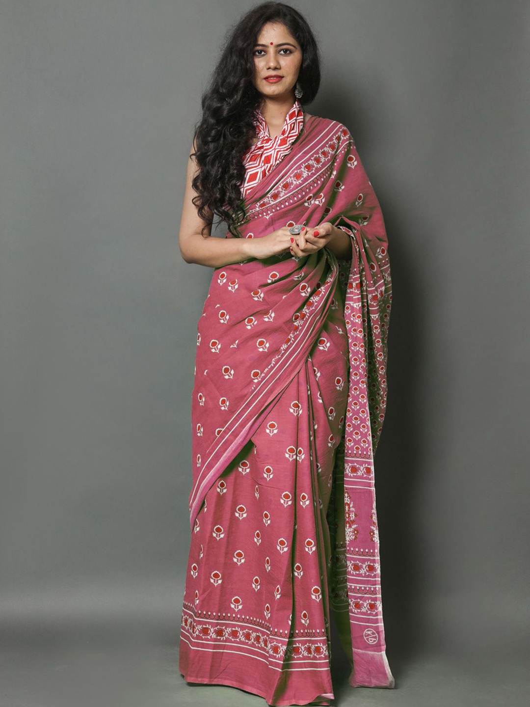 

BUTA BUTI Floral Printed Pure Cotton Saree, Pink