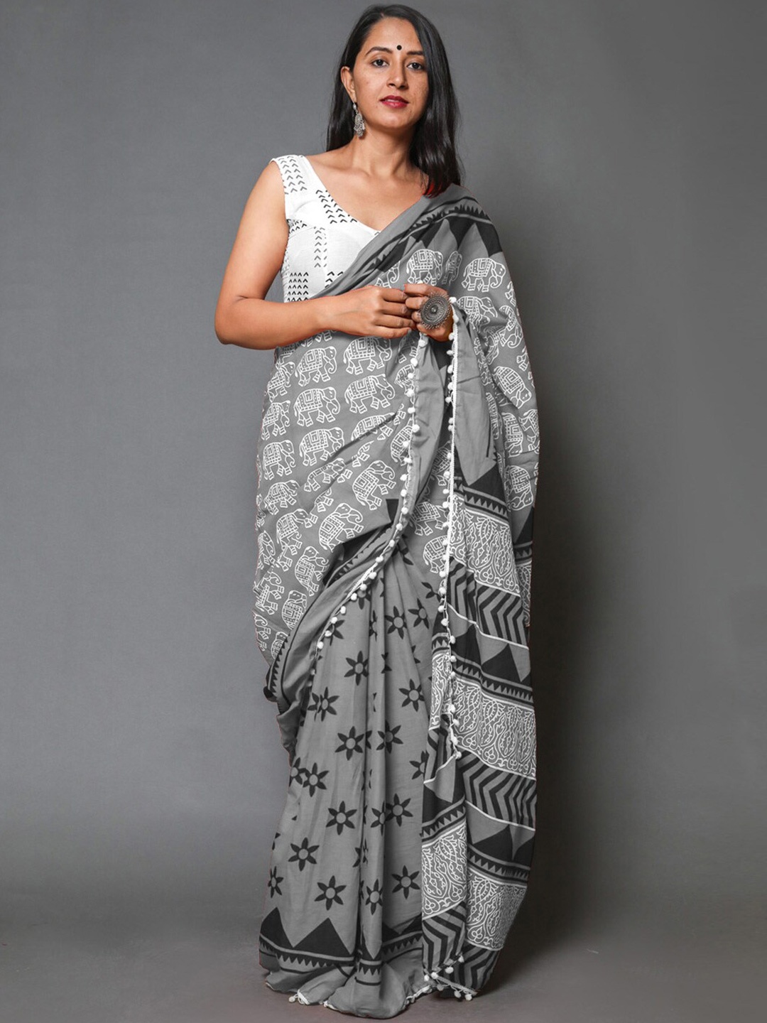

BUTA BUTI Ethnic Motifs Pure Cotton Saree, Grey