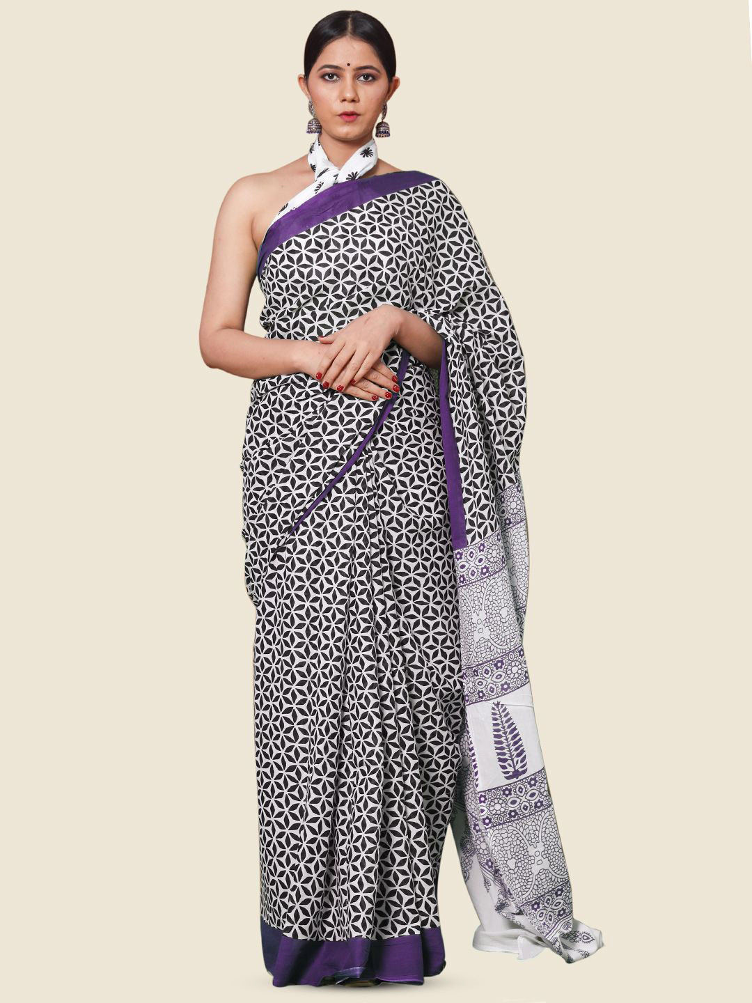 

BUTA BUTI Geometric Printed Pure Cotton Saree, Purple