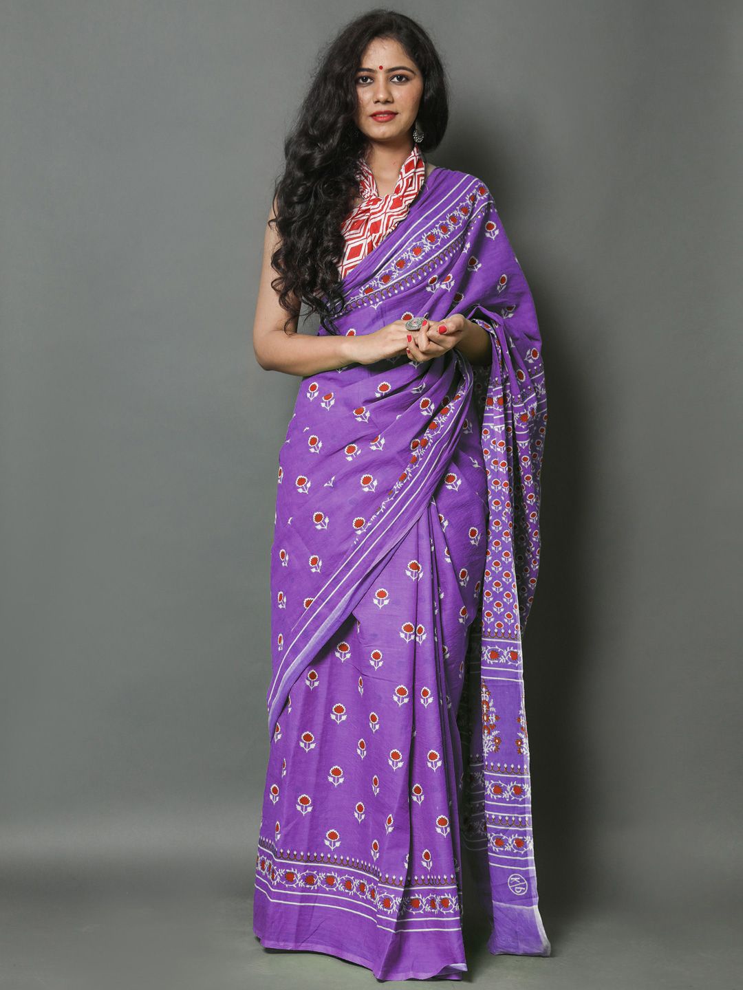 

BUTA BUTI Floral Pure Cotton Saree, Purple