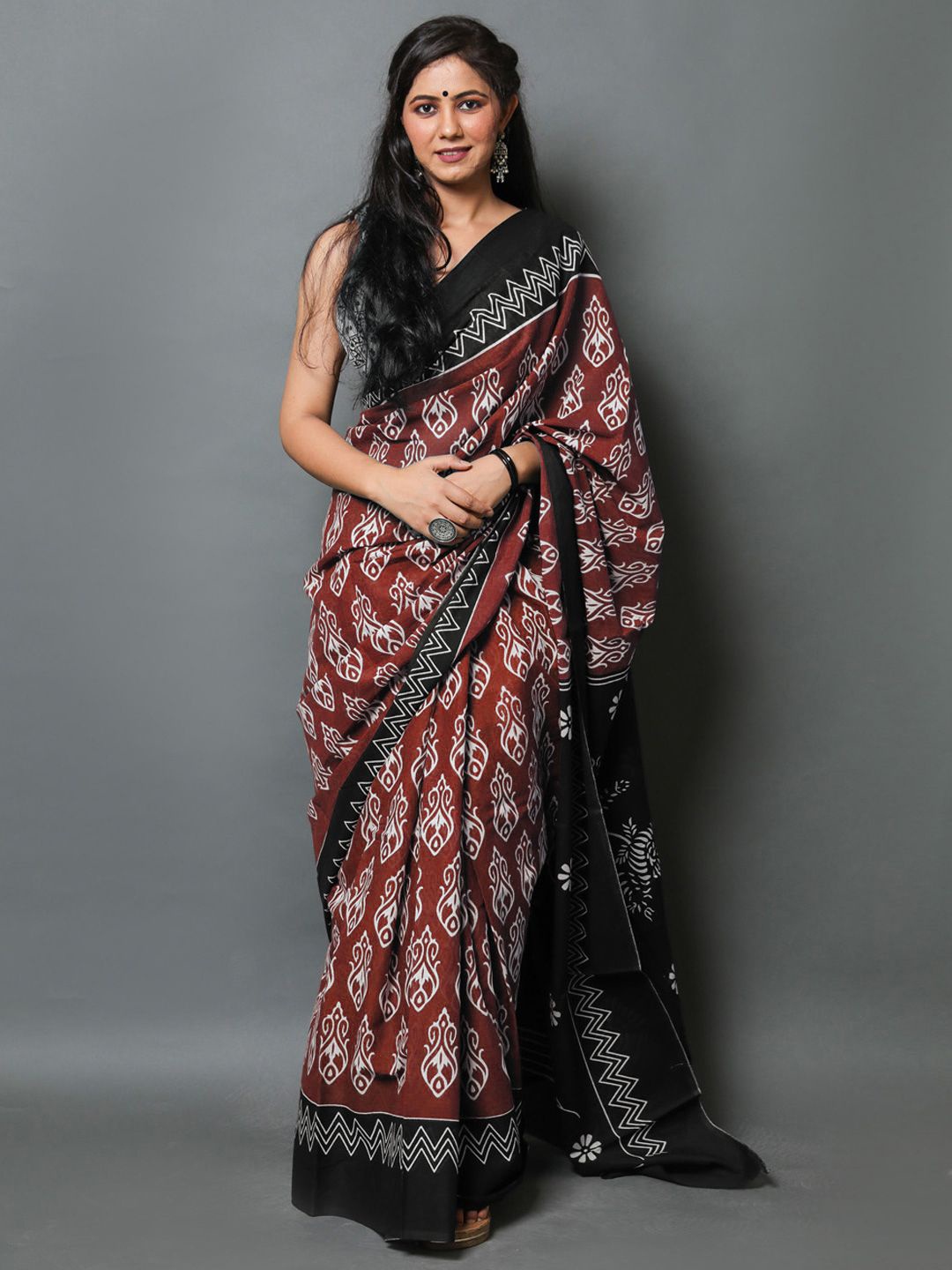 

BUTA BUTI Ethnic Motifs Printed Pure Cotton Saree, Maroon