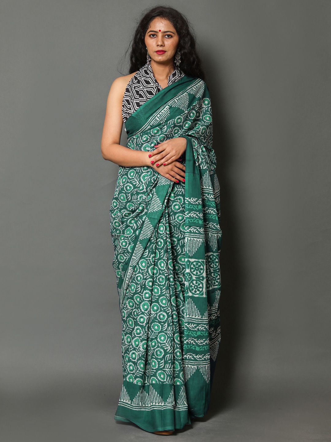 

BUTA BUTI Floral Pure Cotton Saree, Sea green