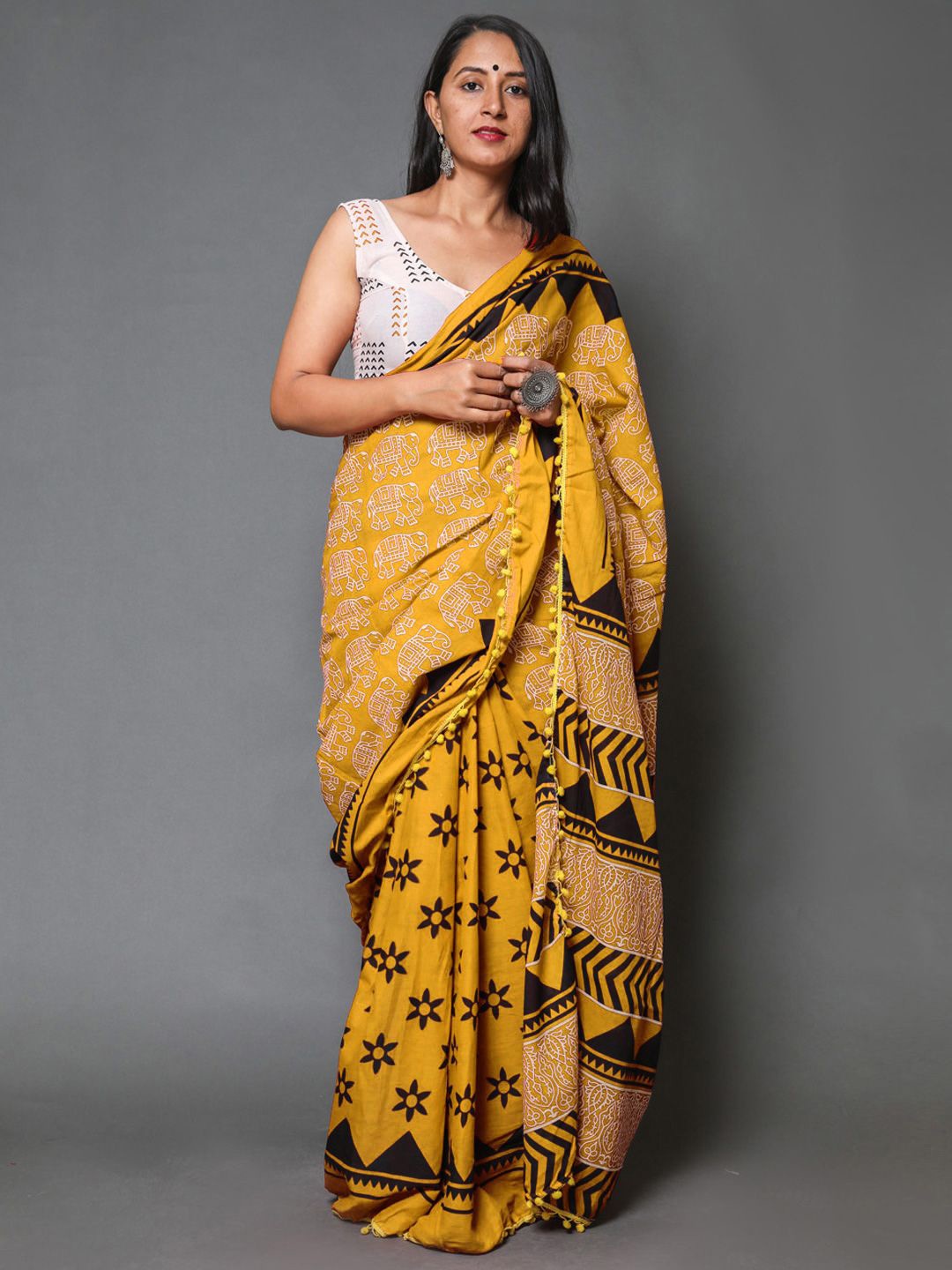 

BUTA BUTI Ethnic Motifs Printed Pure Cotton Saree, Mustard