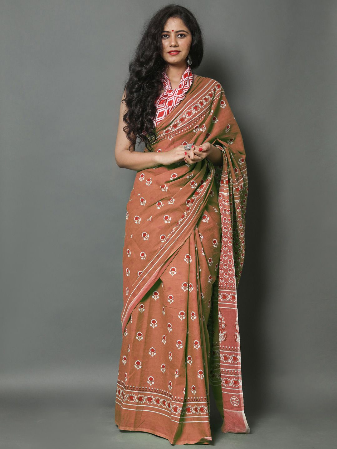 

BUTA BUTI Ethnic Motifs Printed Pure Cotton Saree, Rust