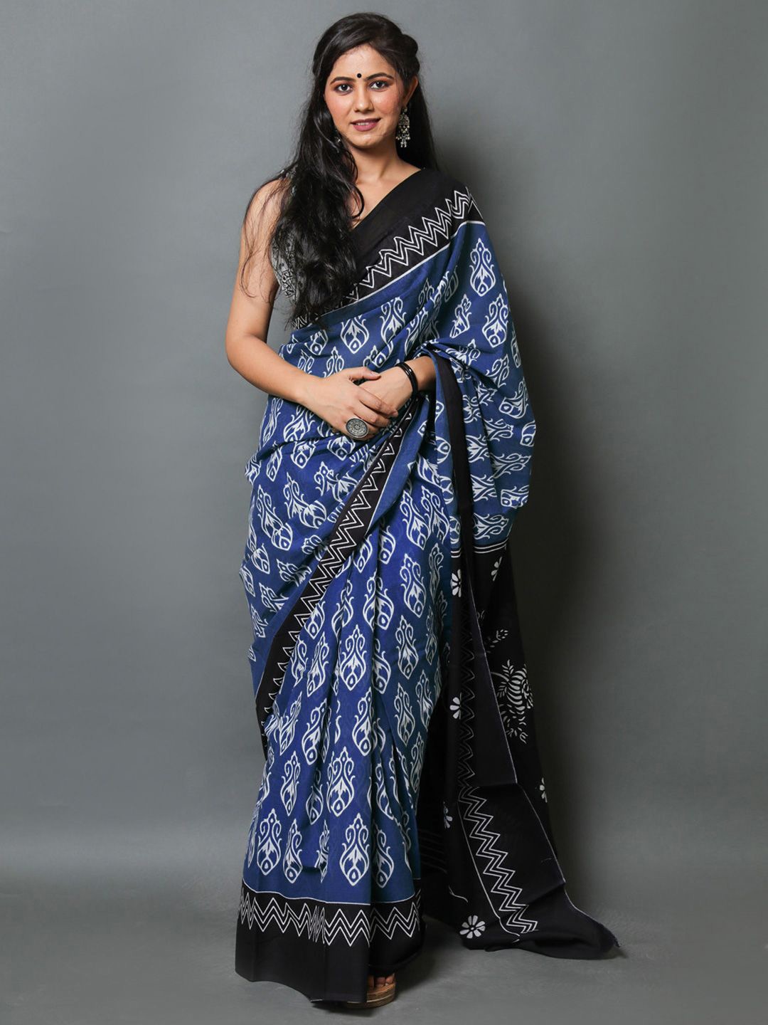 

BUTA BUTI Ethnic Motifs Printed Pure Cotton Saree, Blue