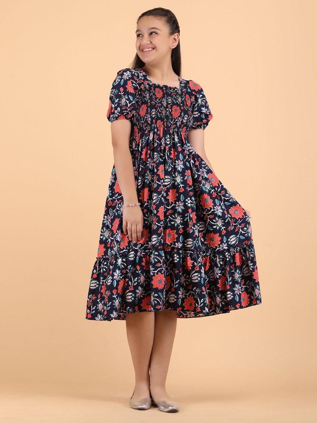 

DEKLOOK Girls Floral Printed Puff Sleeve Fit and Flare Midi Dress, Blue