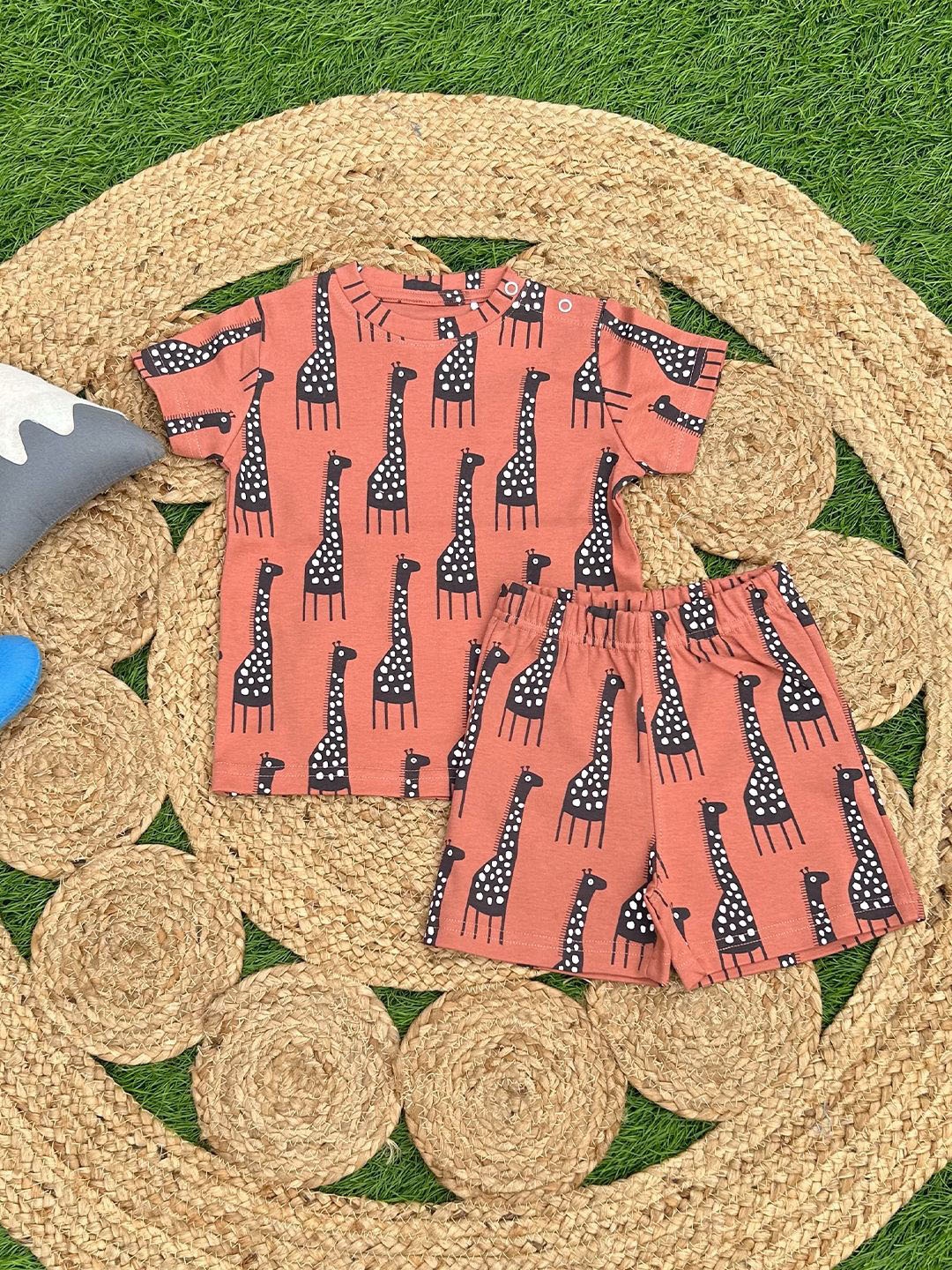 

The Mom Store Kids Printed Pure Cotton T-shirt With Shorts, Rust