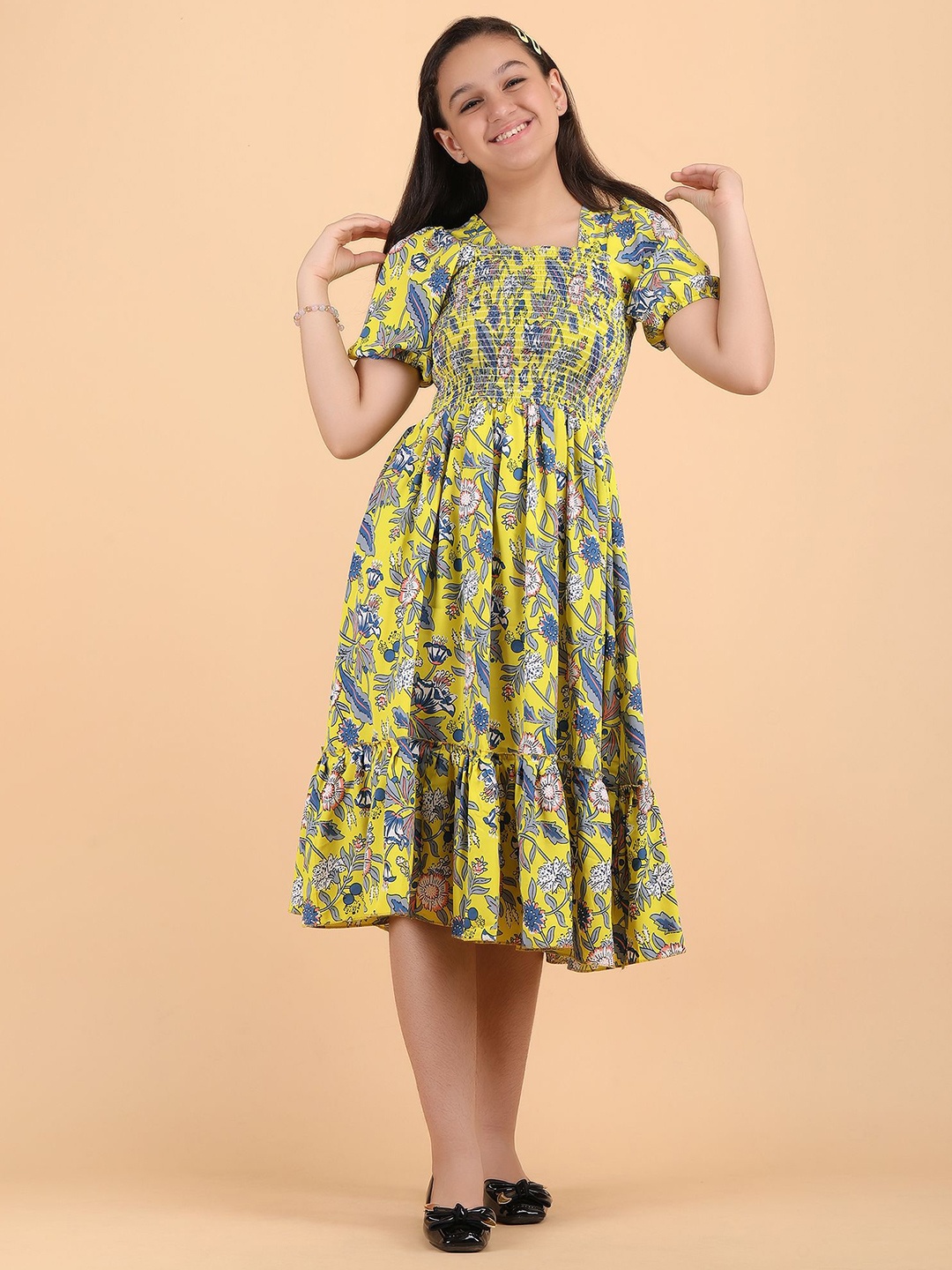 

DEKLOOK Floral Print Crepe Smocked Fit & Flare Dress, Yellow