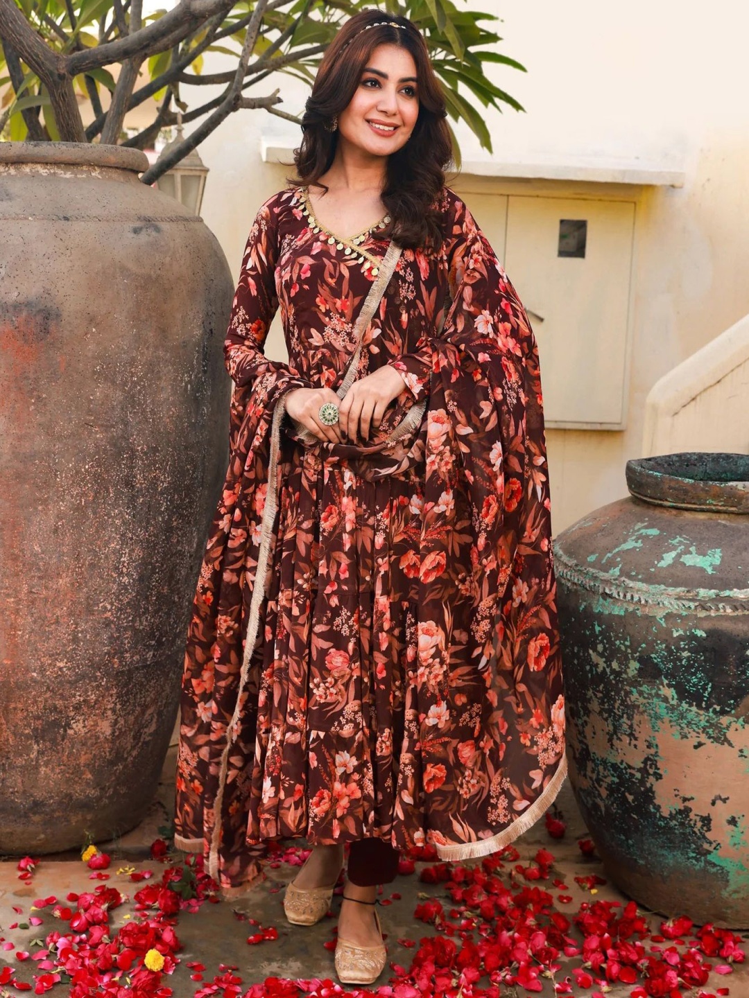 

KALINI Floral Printed Angrakha Style Anarkali Kurta With Trousers & Duppatta, Brown