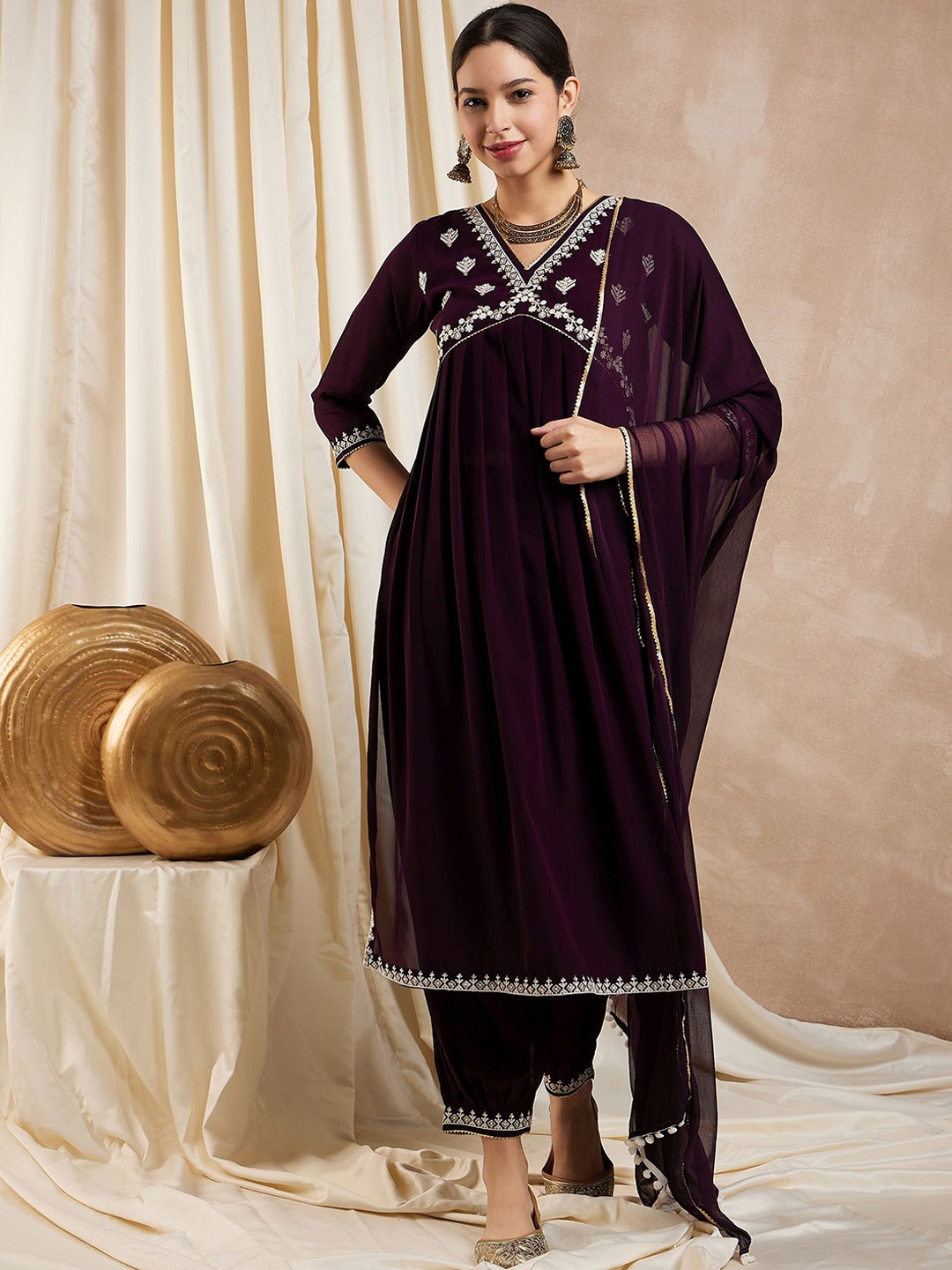 

KALINI Embroidered Thread Work Georgette V-Neck Anarkali Kurta With Trousers & Dupatta, Burgundy