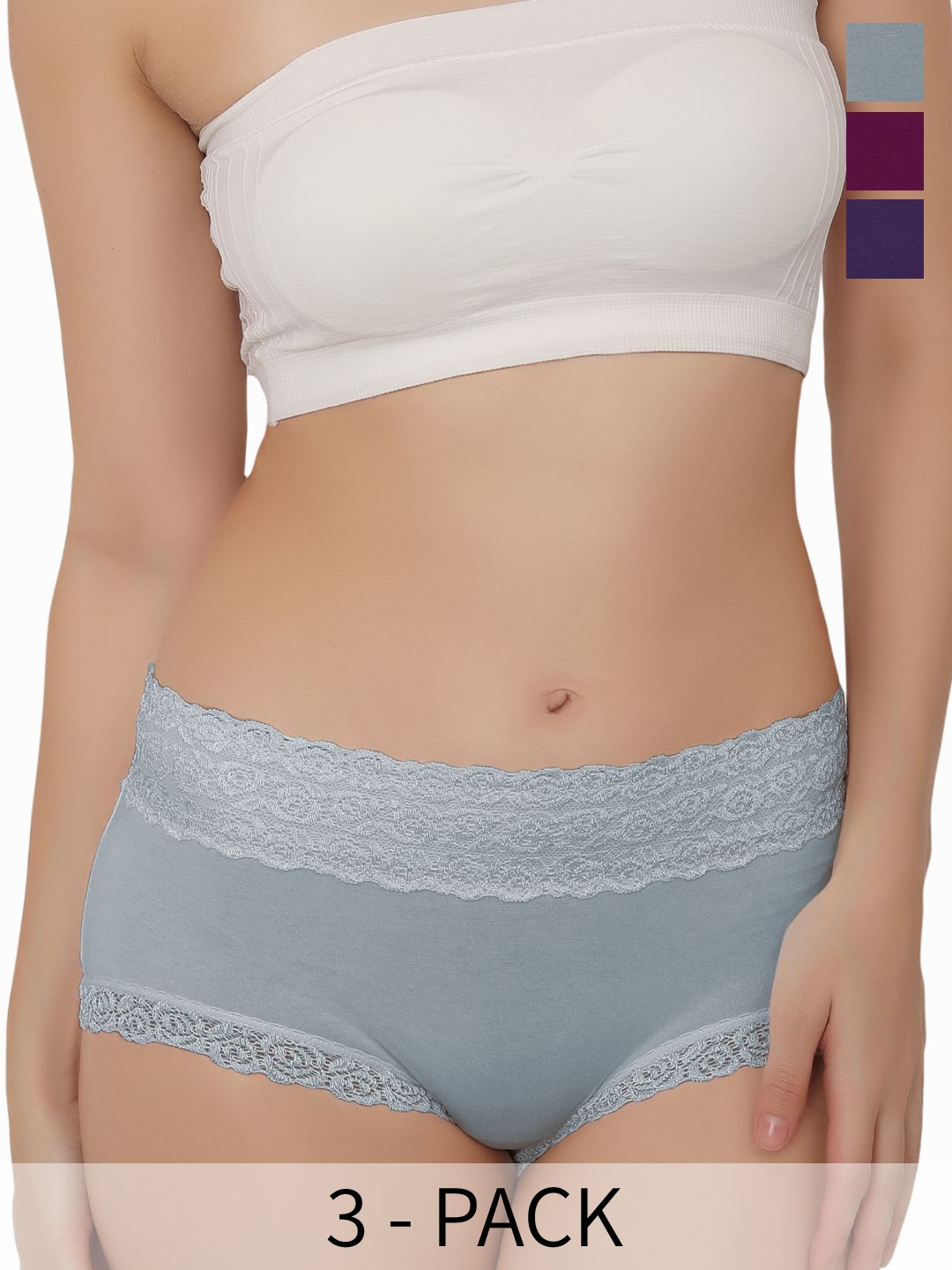 

Bella Voste Pack of 3 Mid-Rise Self Design Lace Anti Bacterial Hipster Briefs, Grey