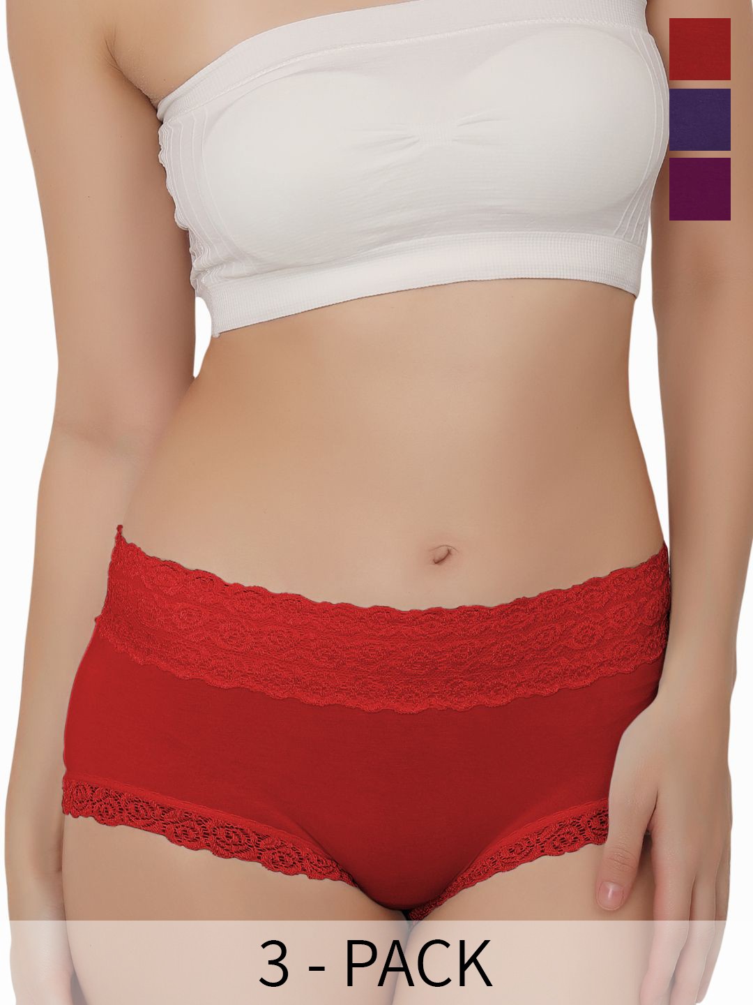 

Bella Voste Pack of 3 Mid-Rise Self Design Lace Leak-Proof Hipster Briefs, Purple