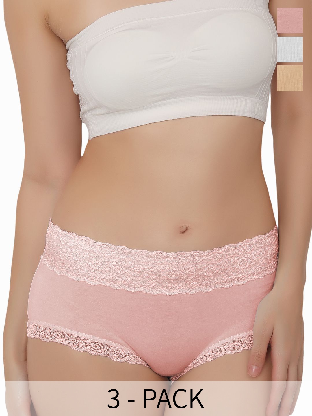 

Bella Voste Pack of 3 Mid-Rise Self Design Lace Anti Microbial Hipster Briefs, Beige