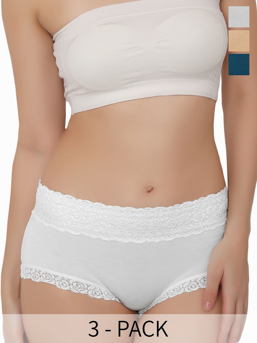 

Bella Voste Pack of 3 Mid-Rise Self Design Lace Anti Bacterial Hipster Briefs, Beige