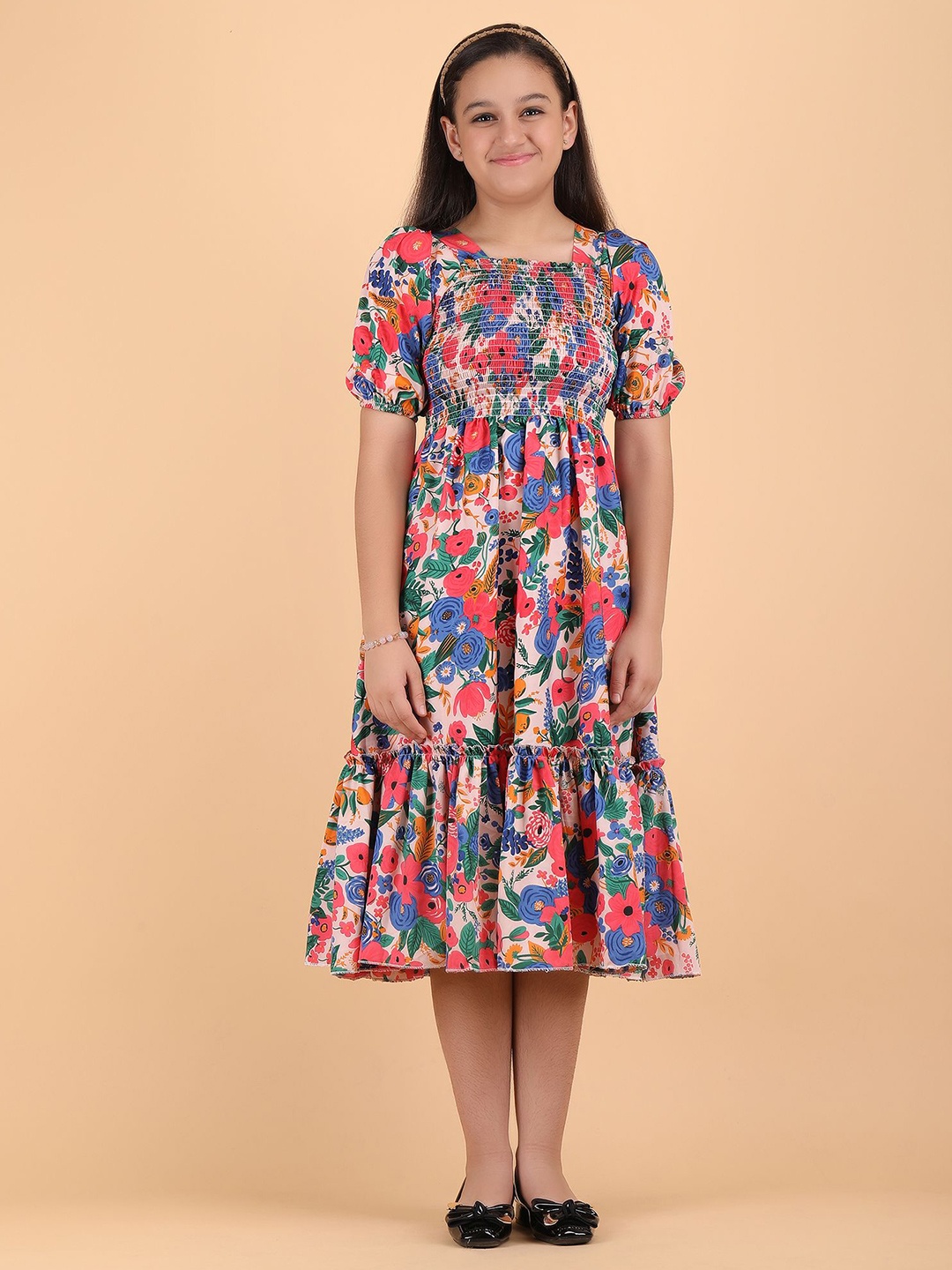 

DEKLOOK Floral Print Crepe Smocked Fit and Flare Midi Dress, Red