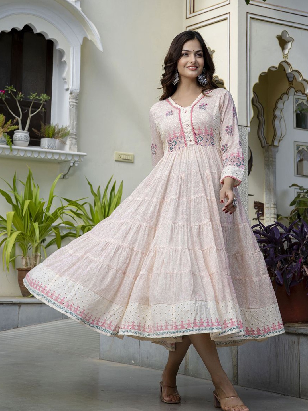 

PREKSHA Floral Printed Cotton Fit And Flare Midi Ethnic Dress, Pink