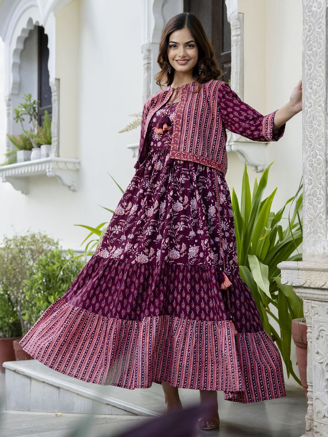 

PREKSHA Floral Print Bell Sleeve Fit & Flare Midi Dress, Maroon