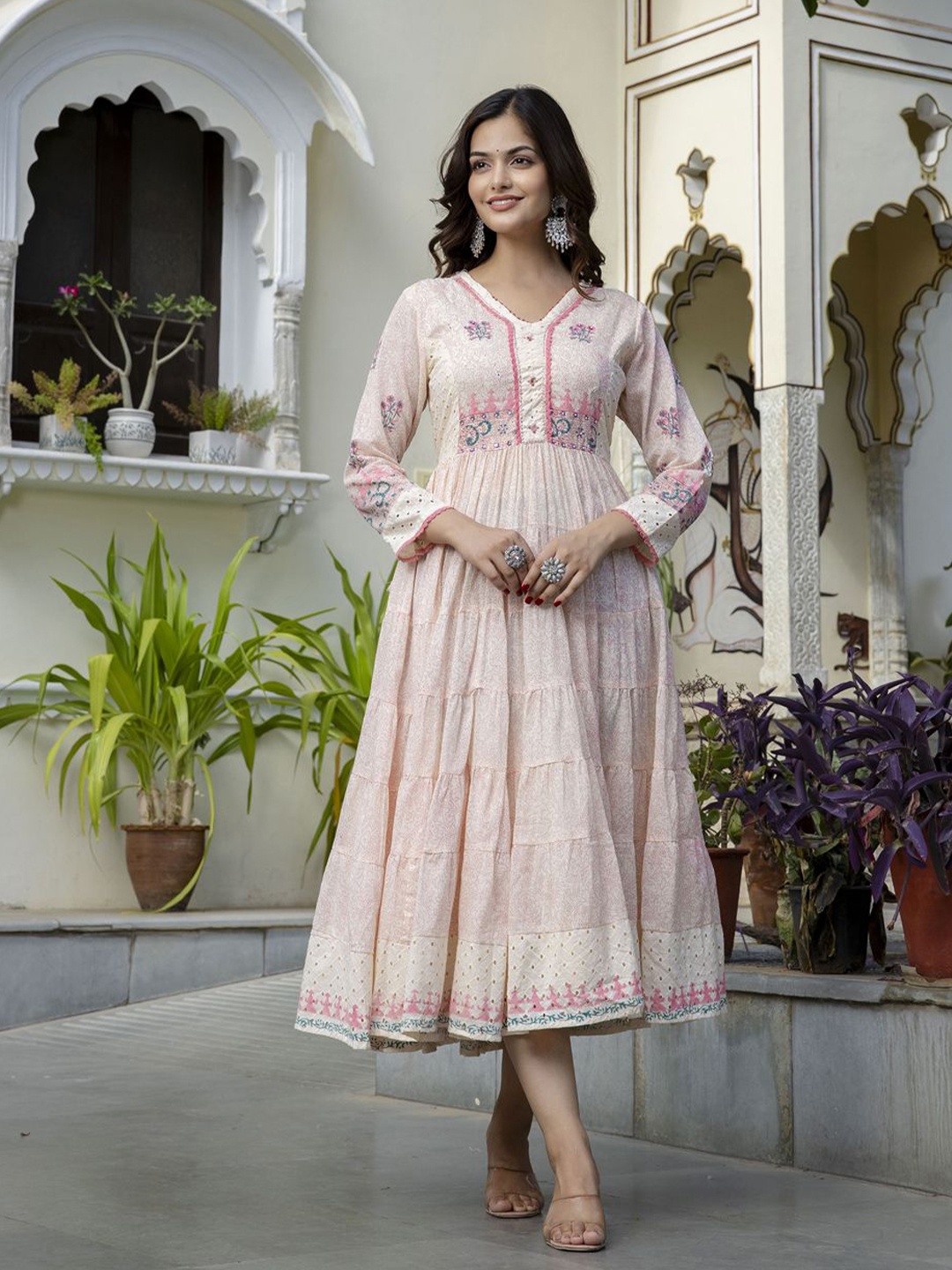 

BAESD Ethnic Motifs Print Cotton A-Line Tiered Schiffli Ethnic Dress, Peach