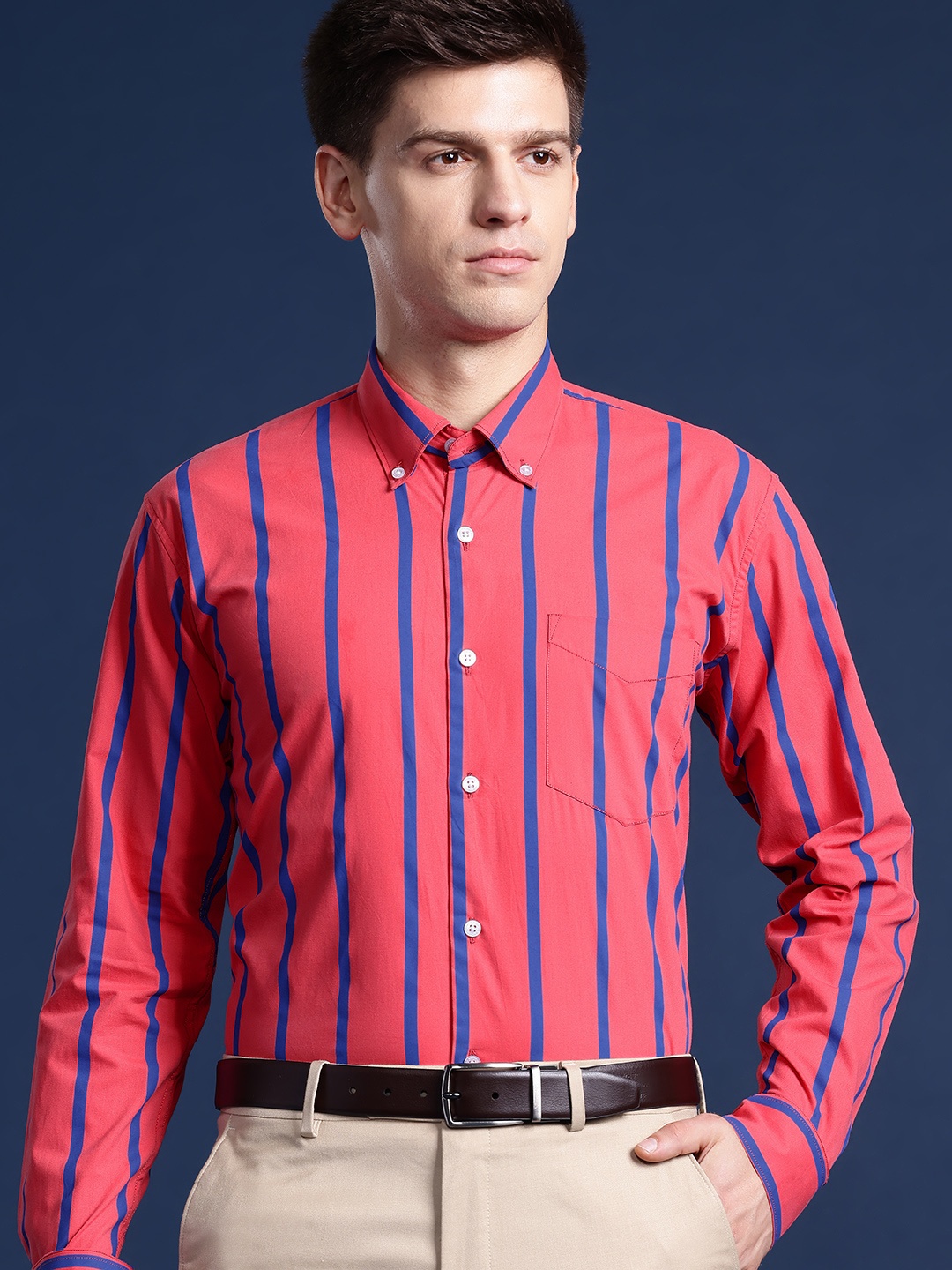 

Hancock Men Striped Carbon Finish Pure Cotton Slim Fit Formal Shirt, Coral