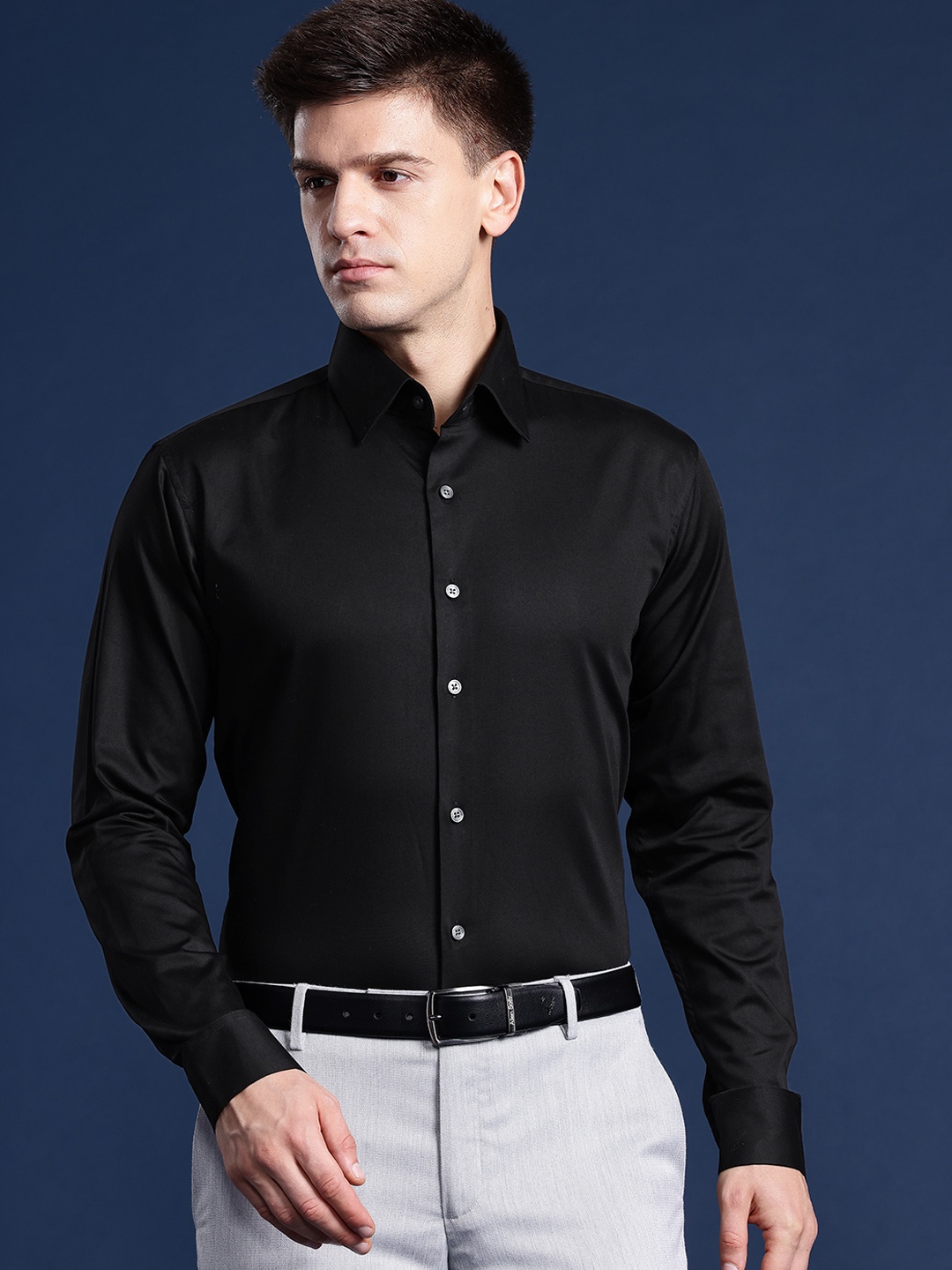 

Hancock Men Solid Wrinkle Resistant Stretchable Slim Fit Formal Shirt, Black