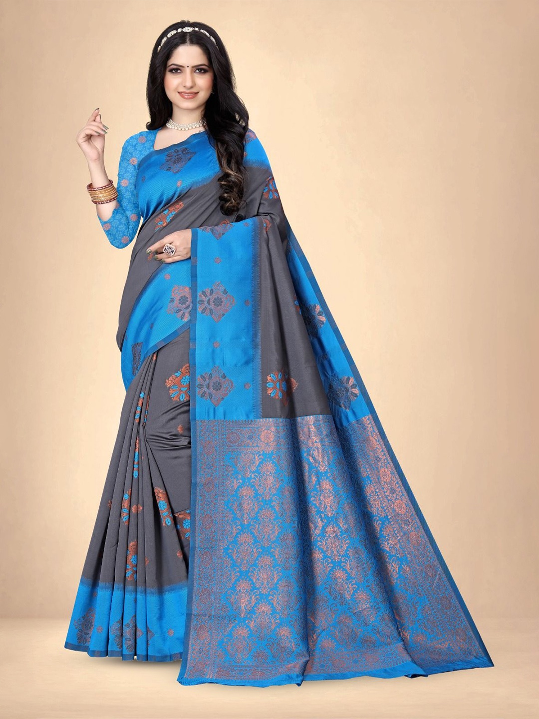 

Abhilasha Woven Design Zari Pure Silk Banarasi Saree, Grey