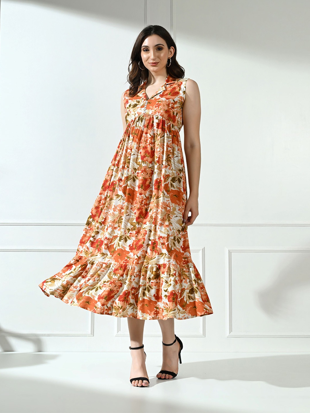 

TREND ME Women Floral Print A-Line Midi Dress, Orange