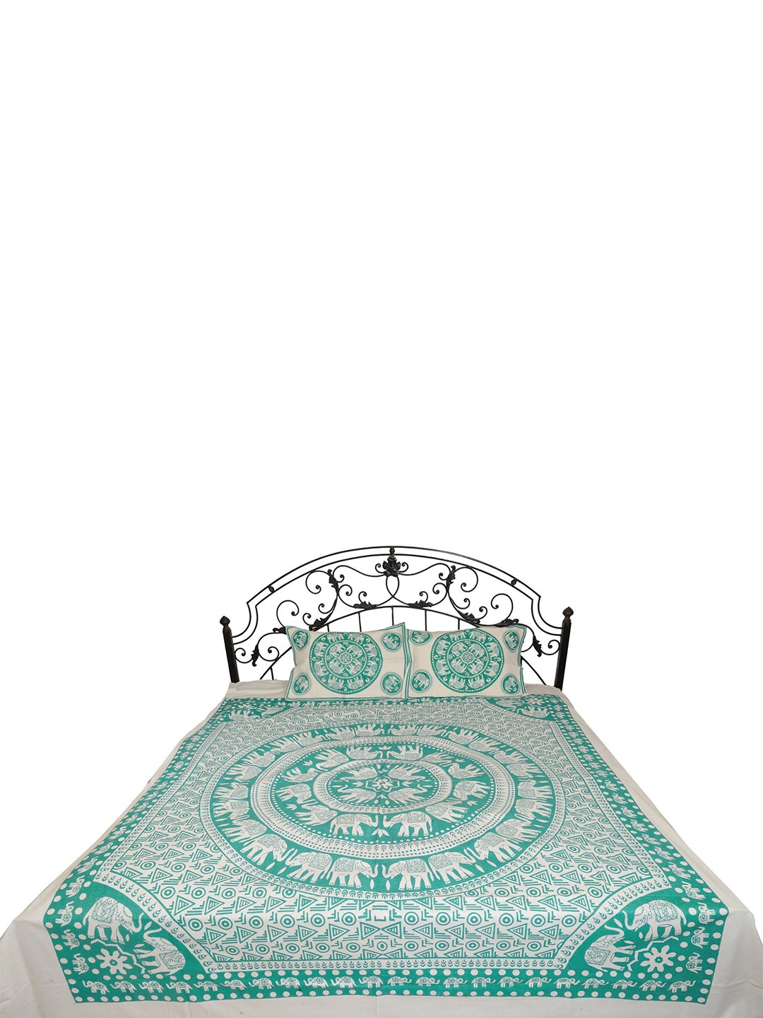 

Exotic India Green & White Ethnic Motifs 300 TC Cotton Queen Bedsheet with 2 Pillow Covers