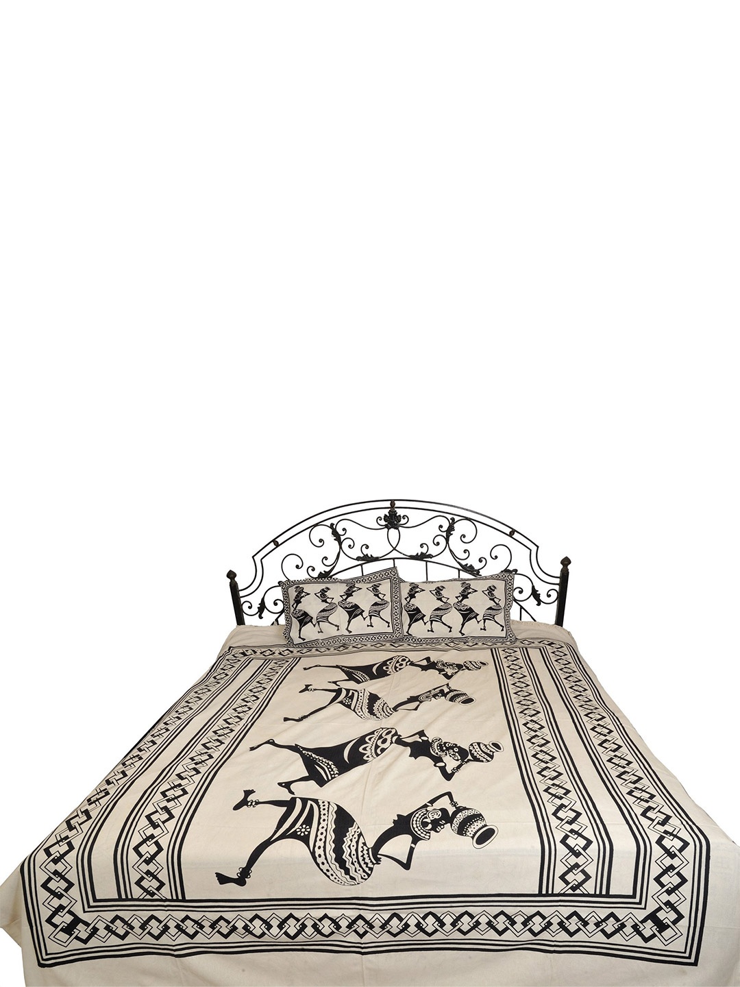 

Exotic India White & Black Printed 300 TC Cotton Double Queen Bedsheet & 2 Pillow Covers