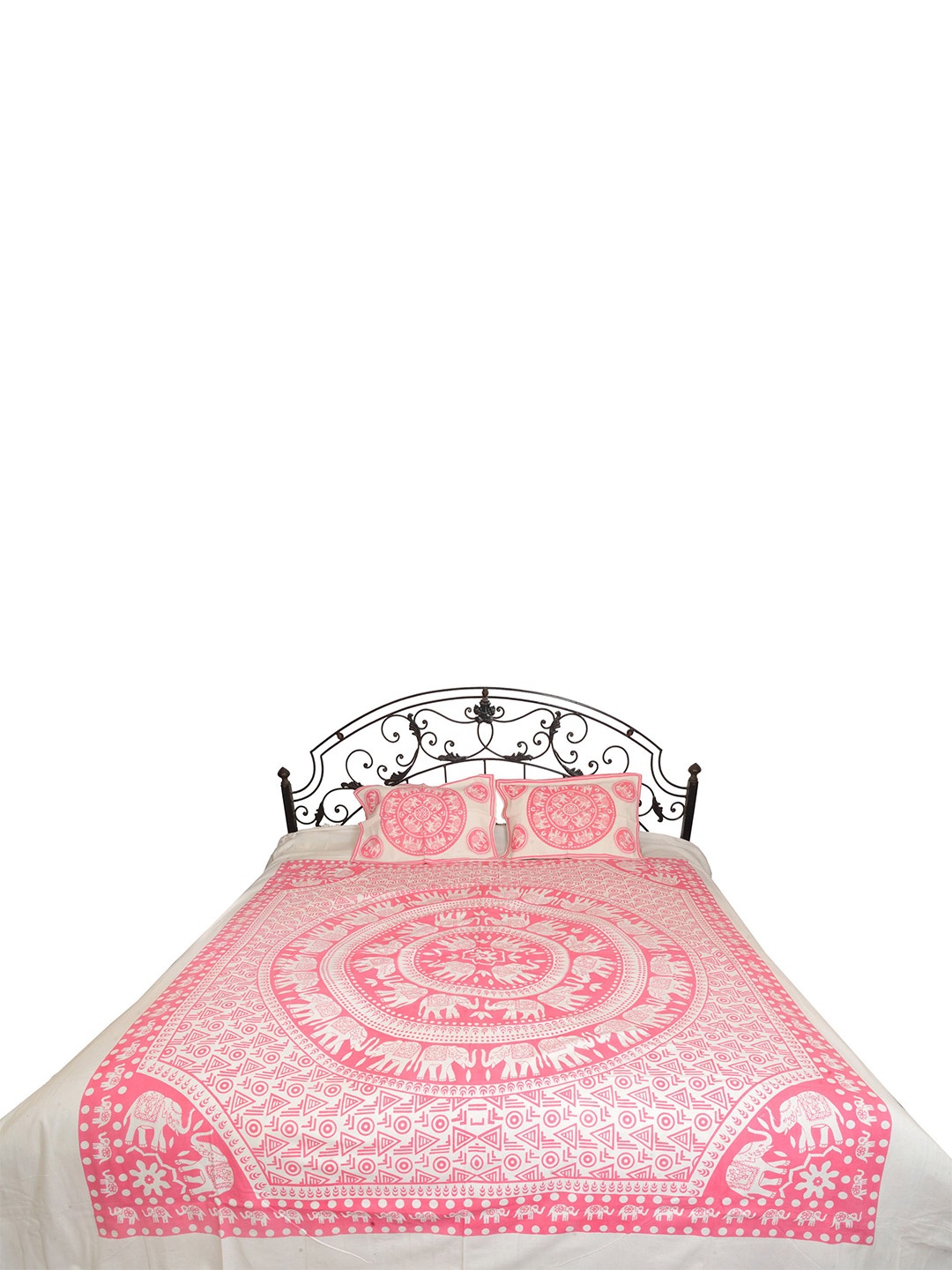 

Exotic India Pink & White Ethnic Motifs Cotton 300 TC Queen Bedsheet with 2 Pillow Covers