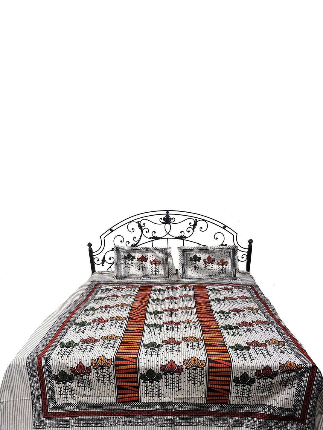 

Exotic India White & Red Ethnic Motifs 300 TC Cotton Queen Bedsheet with 2 Pillow Covers