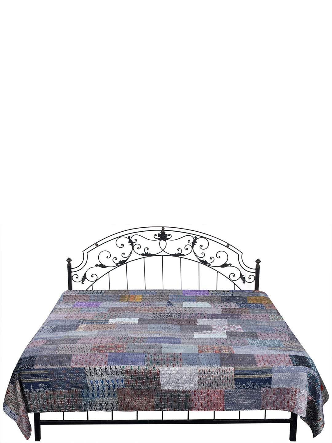 

Exotic India Grey & Blue Ethnic Motifs 300 TC Cotton Queen Bedsheet