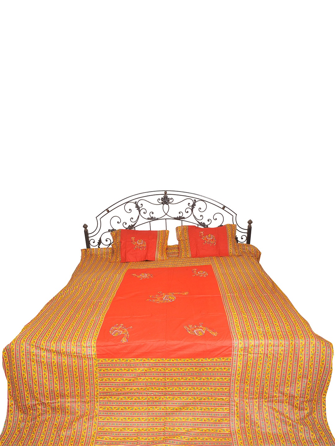 

Exotic India Orange Ethnic Motifs Cotton 300 TC Queen Bedsheet with 2 Pillow Covers