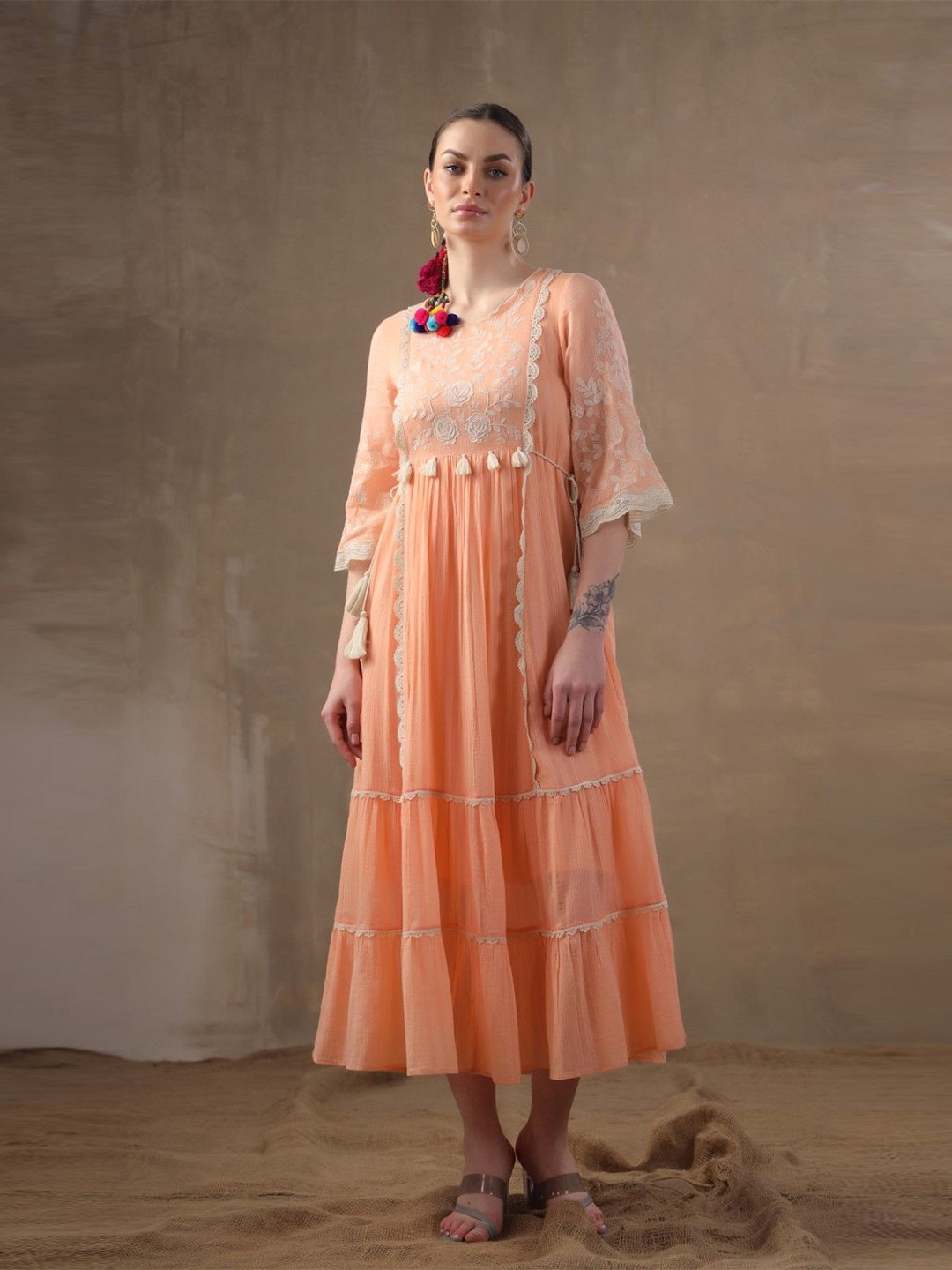 

Nyaro Flared Sleeve A-Line Maxi Embroidered Lace & Tassel Dress, Peach