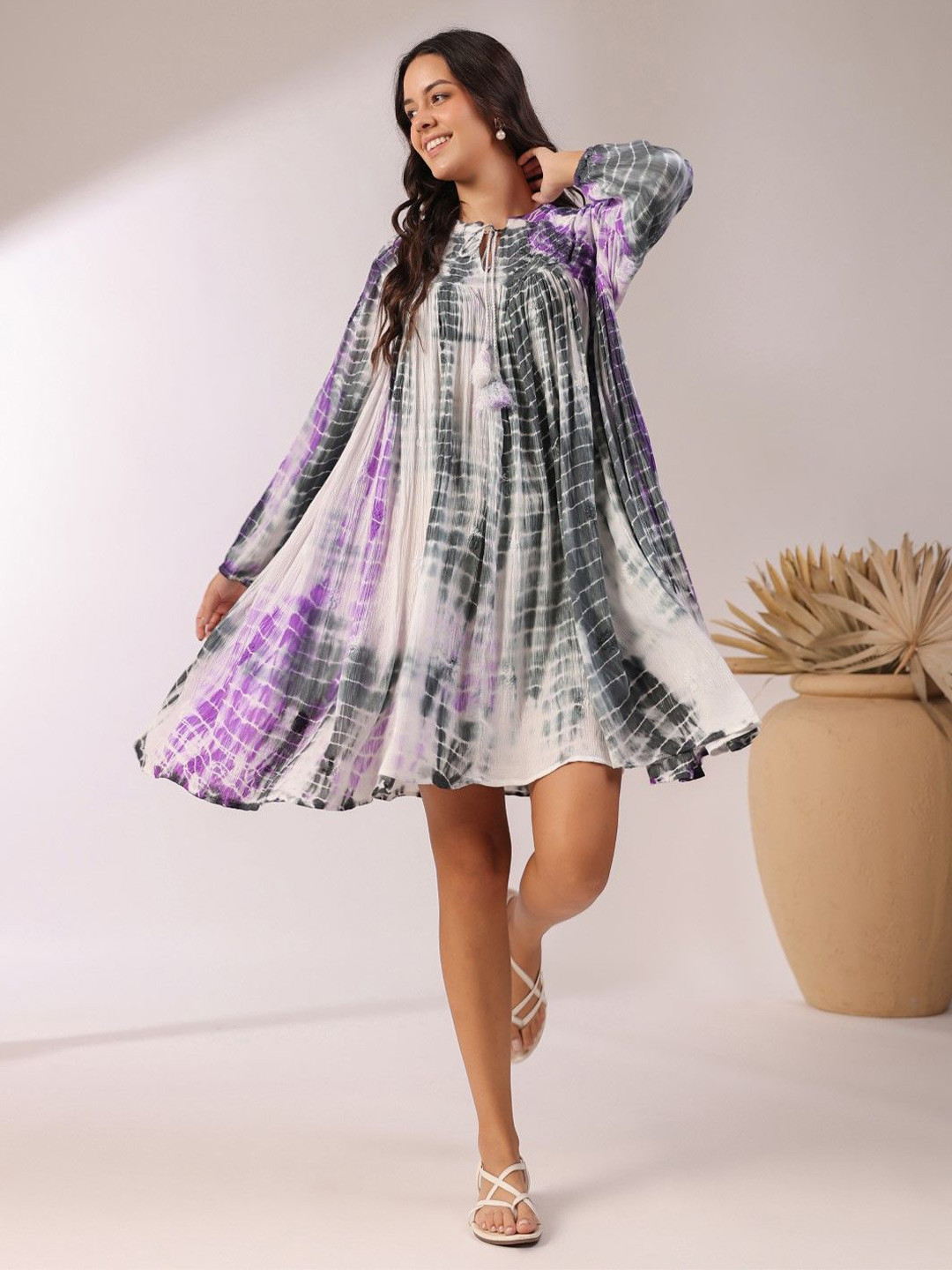 

Nyaro Tie and Dye Print Puff Sleeve A-Line Holi Dress, Purple