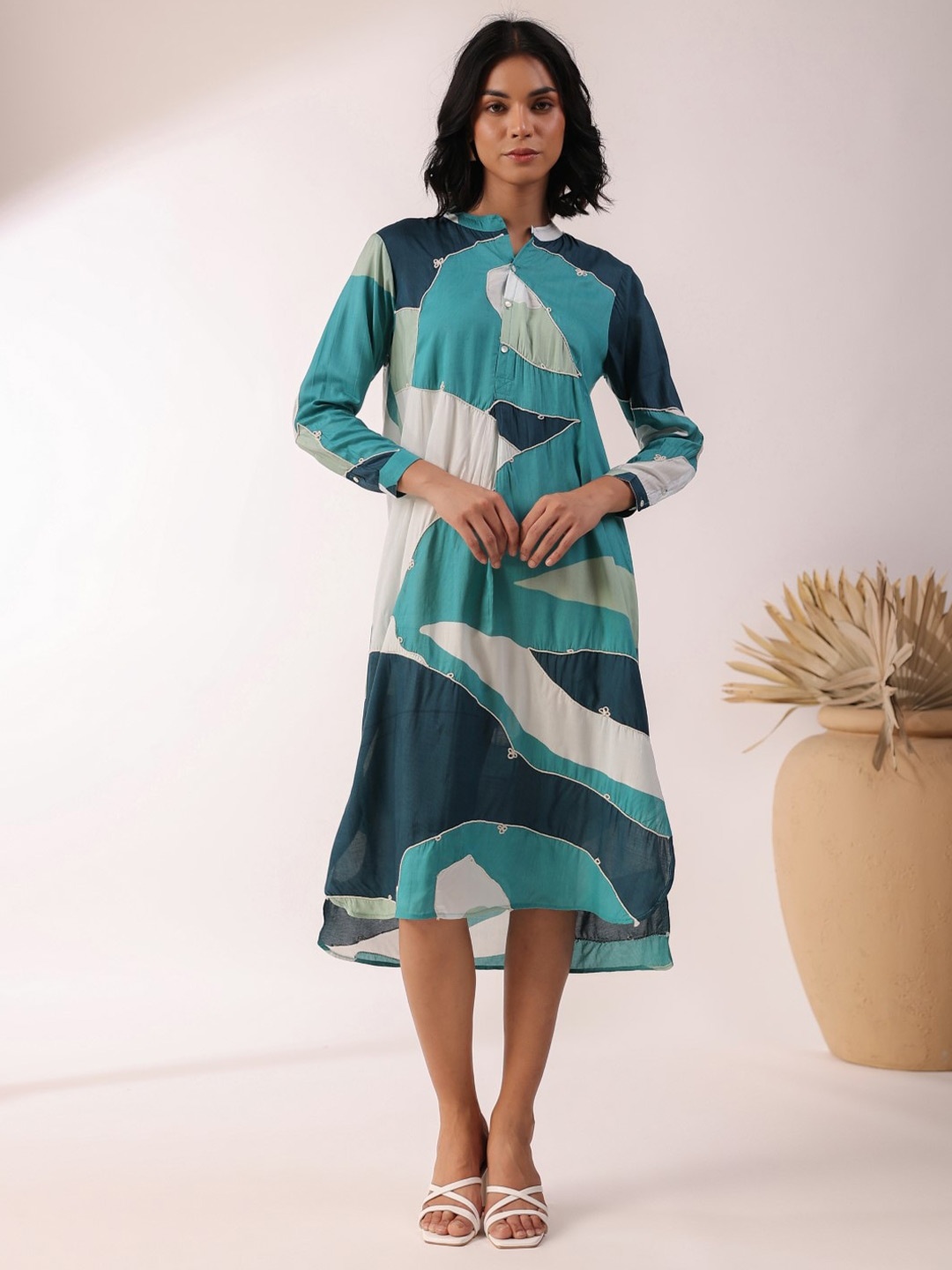 

Nyaro Printed Embroidered High-Low A-Line Midi Dress, Turquoise blue