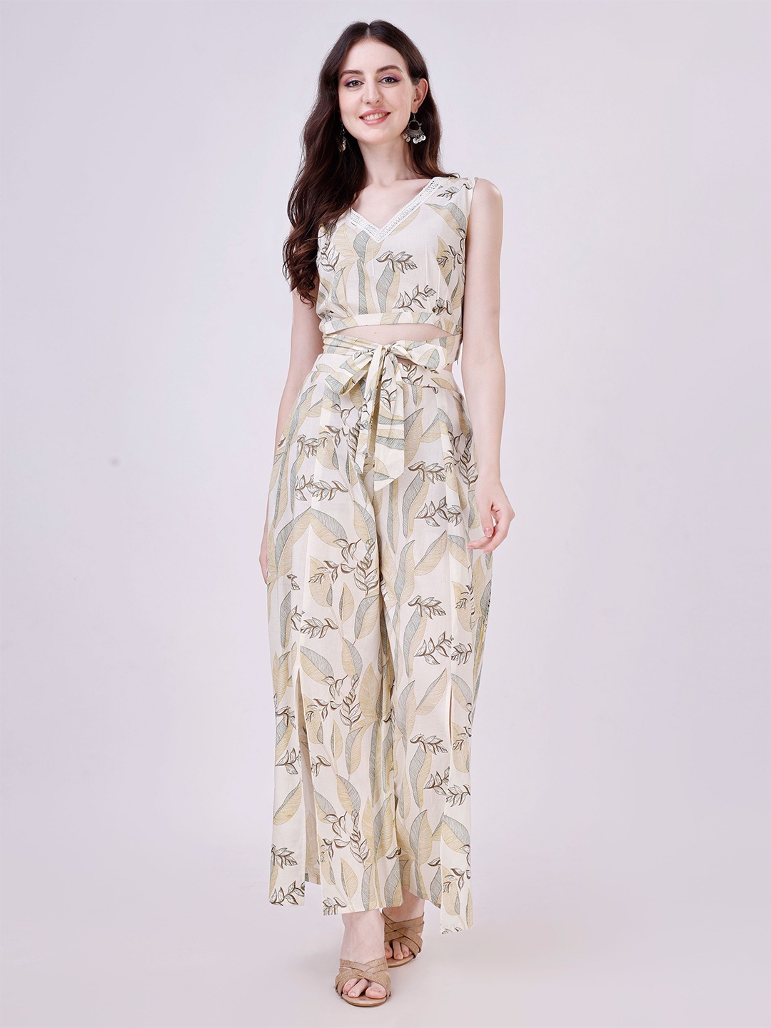 

VIRICA Printed Pure Cotton Top With Palazzos, Beige