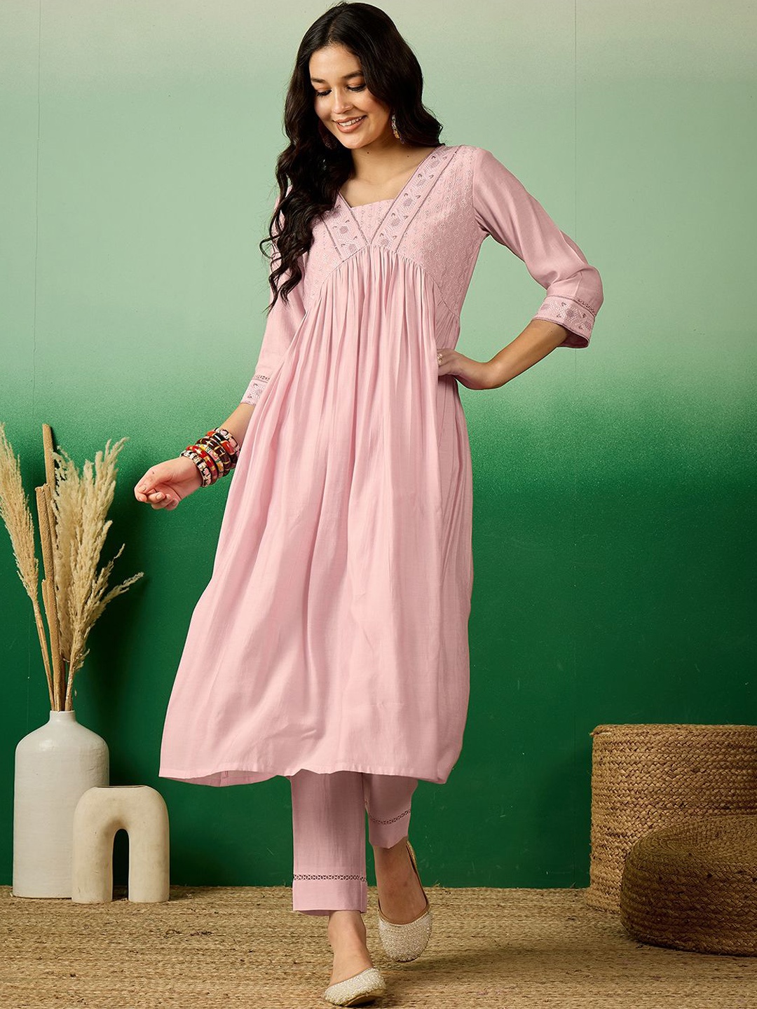 

Sangria Pink Floral Embroidered A-line Kurta With Trousers