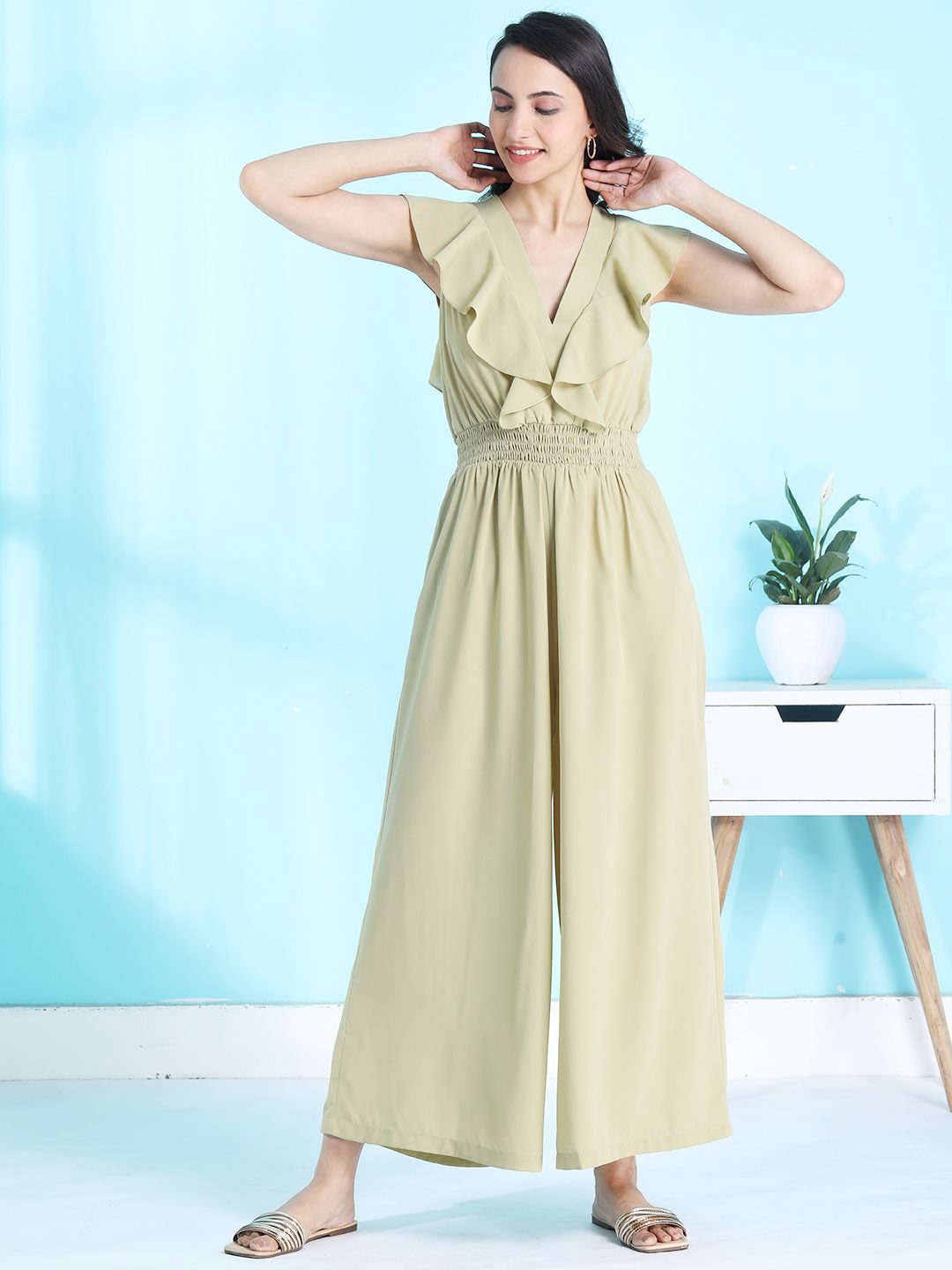 

Tushita V Neck Sleeveless Basic Jumpsuit, Green