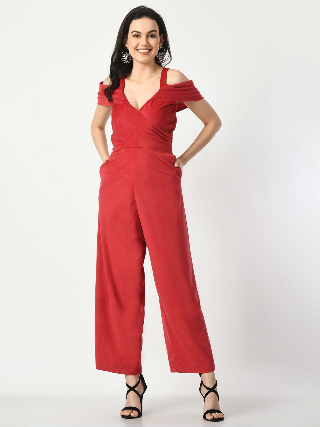 

Tushita Shoulder Straps Cold Shoulder Sleeves Velvet Jumpsuit, Red