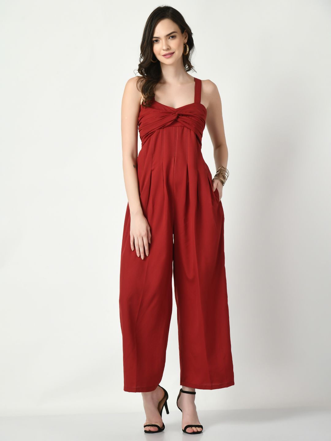 

Tushita Shoulder Straps Sleeveless Gathers Detail Jumpsuit, Maroon
