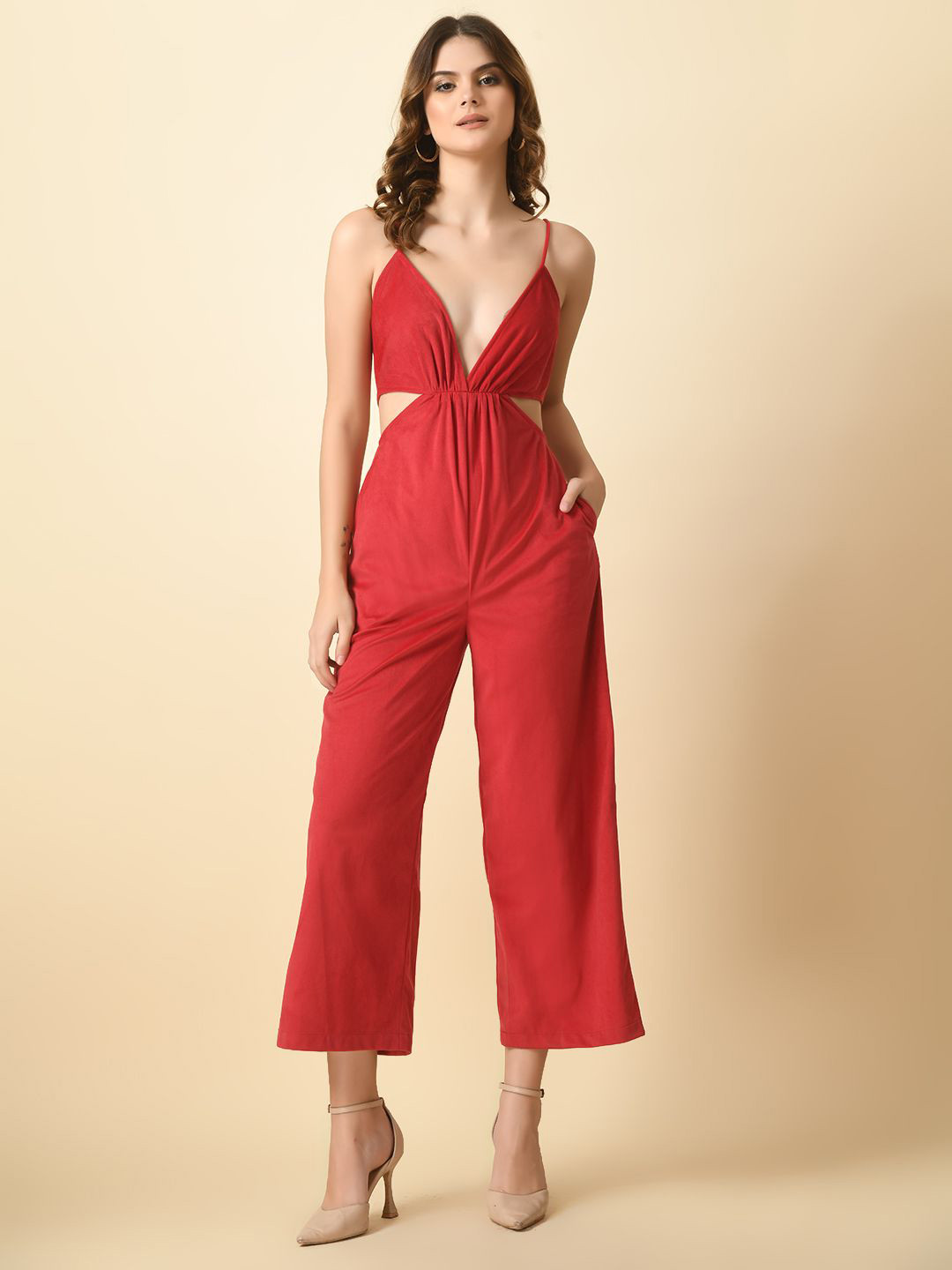 

Tushita Shoulder Straps Cut Out Detail Velvet Jumpsuit, Red