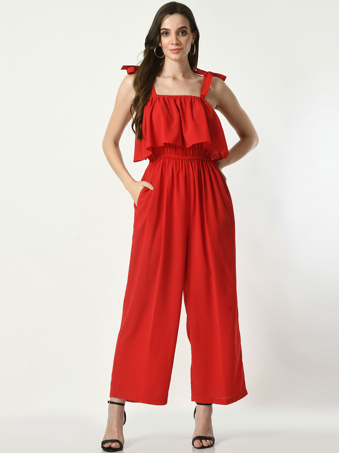 

Tushita Shoulder Straps Sleeveless Ruffles Jumpsuit, Red