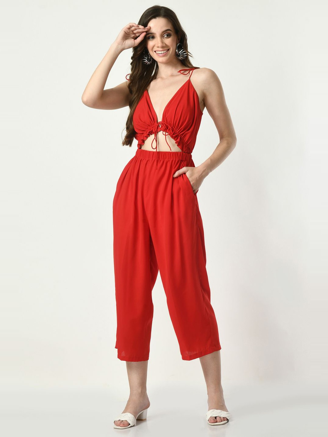 

Tushita V Neck Sleeveless Basic Jumpsuit, Red